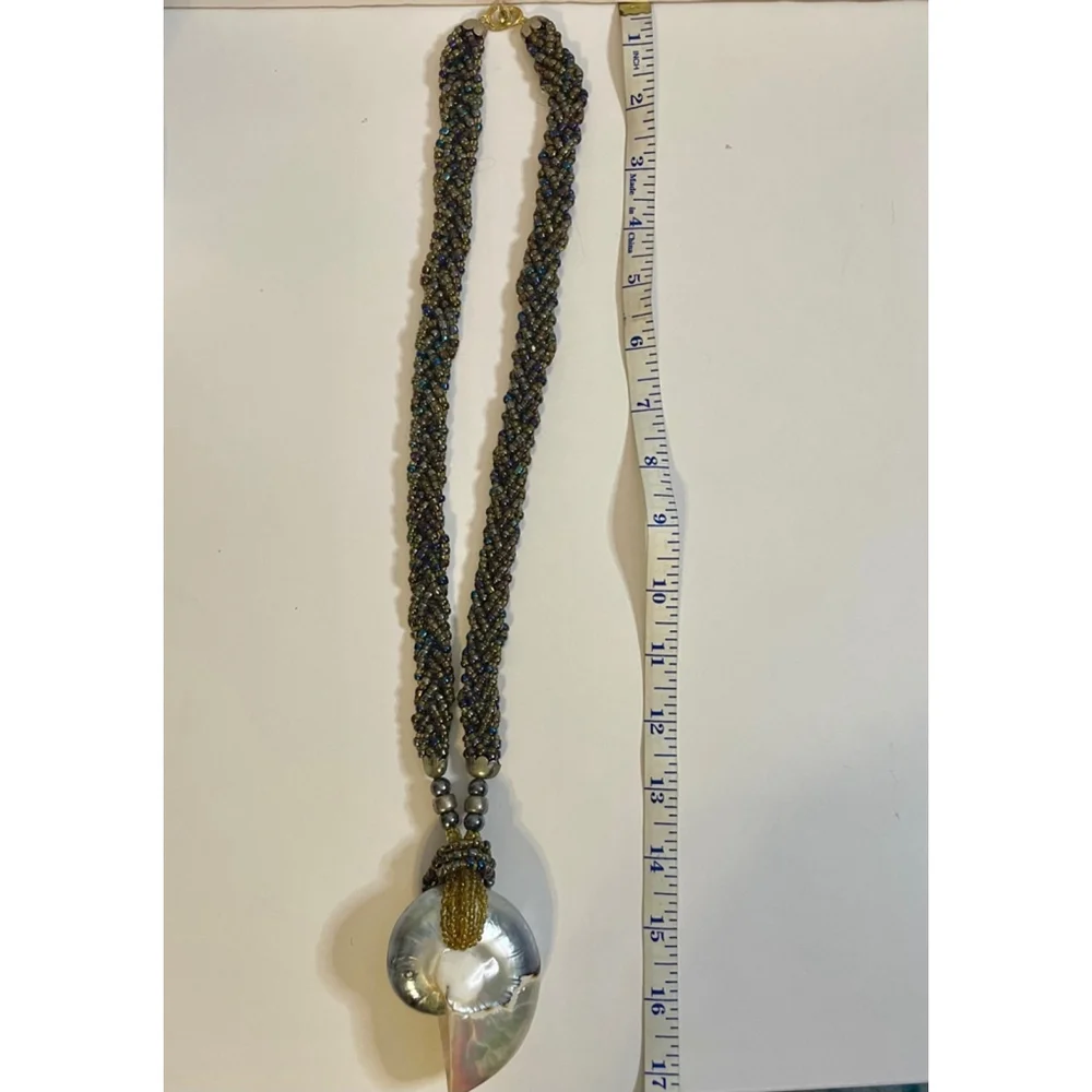 Large Boho Nautilus shell pendant Statement Necklace braided bead strands Beach - Picture 4 of 10